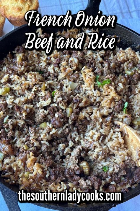 French onion beef and rice casserole recipe is easy, delicious and perfect for a busy weeknight dinner meal.  Reheats well and loaded with flavor. French Onion Beef And Rice Skillet, French Onion Braised Beef, Burger Rice Casserole, Rice And Burger Recipes, Burger And Rice Recipes, Easy Hamburger Rice Casserole, French Onion Ground Beef And Rice, French Onion Rice Casserole, Hamburger Rice Recipes