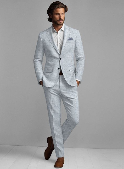 From sunlit garden parties to intimate seaside soirées, our Solbiati Light Blue Herringbone Linen Suit emerges as a beacon of refined leisure. Tailored from pure linen, our suit's distinguished herringbone design and thick texture promise comfort without compromise, and a cloud-kissed light blue shade evokes luxury. So surrender to its allure and adorn excellence with this distinguished ensemble that allows every moment to be a winner.     About Solbiati Pericle Collection :  A blend of artisan craftsmanship and the finest linen, designed for those who cherish classic elegance with a modern twist. Our collection offers unparalleled comfort and impeccable style. With the freedom to explore vibrant textures and colors, from sophisticated two-tone twills to lively mélange patterns, Pericle is Light Color Suits For Men, Grey Linen Suit Men, Powder Blue Suit Men, Beach Wedding Mens Attire, Linen Wedding Suit, Linen Suit Men, Blue Linen Suit, Suit For Men Wedding, Light Blue Suit