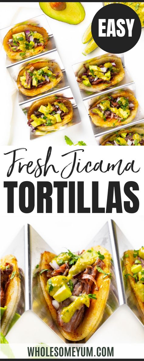 Jicama Tortillas Jicama Tacos Recipes, Jicama Wrap Ideas, Jicama Tortilla Recipe, Jicama Wrap Tacos, Jicama Wraps Recipe, Cooked Jicama Recipes, Growing Jicama, Jicama Taco Shells, Jicama Benefits