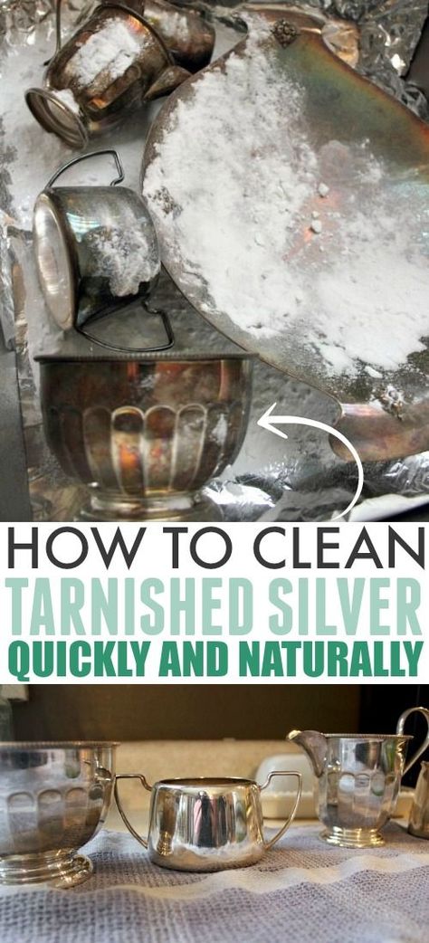 Silver Cleaner Diy, Natural Silver Cleaner, Clean Tarnished Silverware, Clean Tarnished Silver Jewelry, Cleaning Tarnished Silver, Tarnished Silver Jewelry, How To Clean Silver, Aesthetic Clean, Homemade Cleaning Solutions