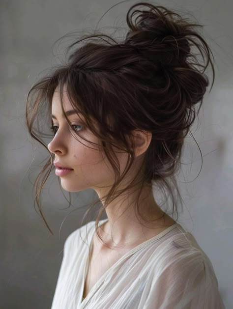 Stylish Messy Bun Ideas for Medium Hair - Perfect for Any Occasion Korean Hair Aesthetic, Hairstyle For Curly Hair Men, Hair Ideas Simple, Messy Bun For Medium Hair, Bun For Medium Hair, Hairstyles Low Maintenance, Pixie Hollow Aesthetic, Bun Inspiration, Hairstyle For Saree