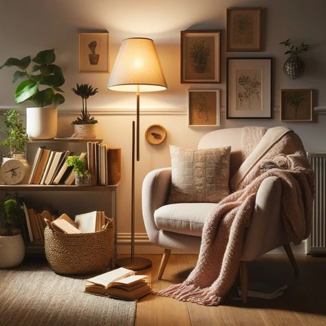 Escape into your favorite stories in this cozy reading nook! 📚💡 What book are you currently lost in?  #ReadingNook #CozyCorner #BookLovers #HomeDecor #RelaxingReads #QuietTime #Bookstagram #InteriorDesign #AIImages #ComfySpace #LiteratureLove #ReadingTime #HomeStyle #RoomInspo #Bookworms #PeacefulPlace #DecorGoals #ChillVibes #HouseParty #PersonalRetreat #HomeLibrary #CozyHome #DecorInspo #LivingRoomDesign #BookishDecor #NookGoals #ReadingSpot #HomeInteriors #LifestyleDesign #CreativeSpaces Reading Corners Living Room, Reading Corner With Fireplace, Living Room Book Nook, Cosy Armchair Reading Corners, Scandinavian Reading Nook, Small Snug Room Ideas Cozy Nook, Cosy Corner Living Room, Cozy Chair Corner, Living Room Reading Nook Ideas