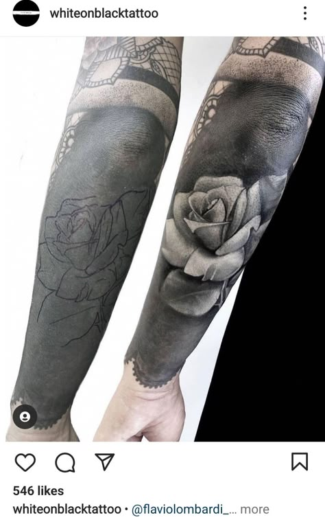 White Over Black Tattoo, Arm Cover Up Tattoos, Tatuaje Cover Up, Black Sleeve Tattoo, Mangas Tattoo, Tattoo White, All Black Tattoos, Solid Black Tattoo, Black Tattoo Cover Up