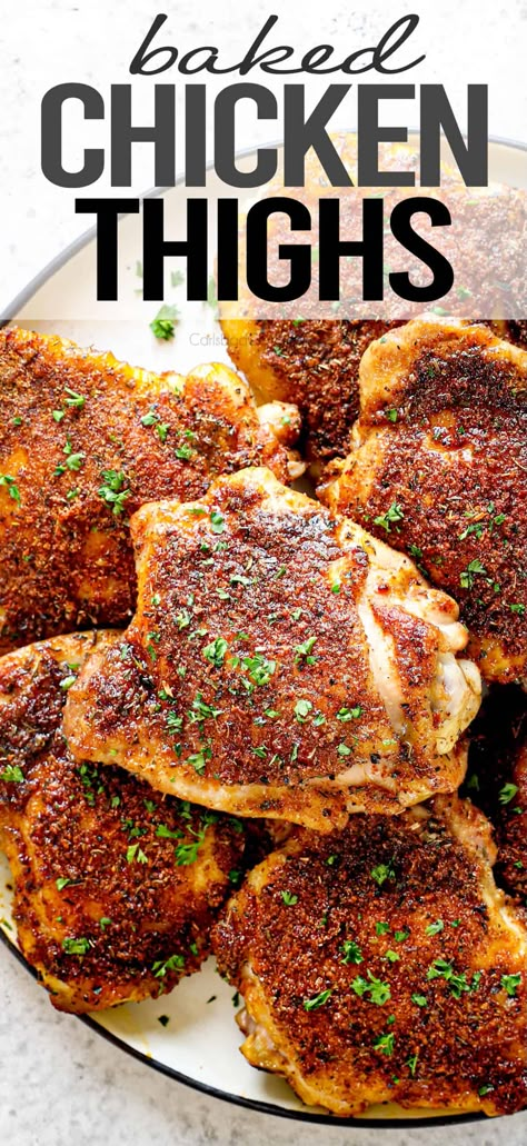 These Crispy Baked Chicken Thighs are EXPLODING with flavor, require just minutes of prep and are pantry friendly and make ahead friendly! #chickenthighs #chickenrecipes #chickenrecipe #boneinchickenthighs #dinner #dinnerrecipes #dinnerideas #recipes #recipes #recipeoftheday #recipeideas #recipe #easyrecipe #easydinner Baked Bone In Chicken Thighs, Apple Croissant, Baked Bone In Chicken, Prep Pantry, Baked Boneless Chicken Thighs, Chicken Thighs Baked, Crispy Baked Chicken Thighs, Oven Baked Chicken Thighs, Bone In Chicken Thighs