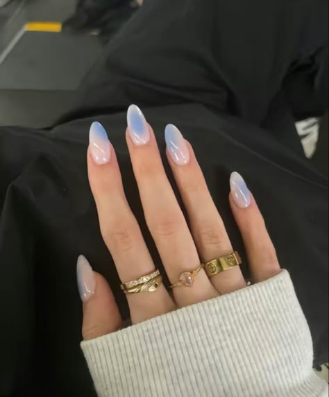 Birthday Nail Inspo Acrylic Almond, Sky Blue Aesthetic Nails, Gel X Nails Airbrush, Cute Nails Clouds, Blueberry Milk Nails Almond, Gel Nails Aura, Nail Inspo Aura Nails, Blue Aura Nails Almond, Airbrush Gel Nails