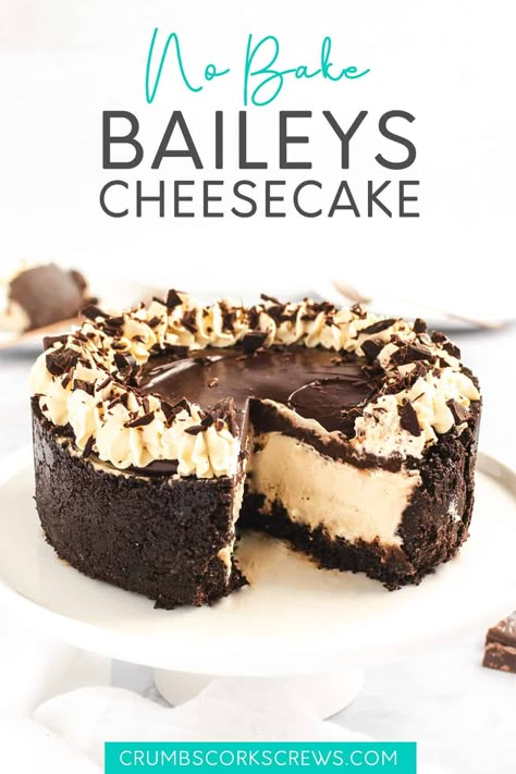 This no bake Baileys cheesecake is packed full of chocolate and Irish Cream; making it an impressive dessert for all occasions, including Christmas and St. Patrick's Day! The silky, smooth and creamy Baileys cheesecake filling is encased in an Oreo crust, and topped with a decadent Baileys chocolate ganache and whipped cream. And the best bit, it's super easy to make! Christmas Pudding Ideas Desserts, No Bake Baileys Cheesecake, Bailey's Cheesecake, Impressive Dessert, Baileys Cheesecake, Baileys Recipes, Impressive Desserts, Oreo Crust, Cheesecake Filling