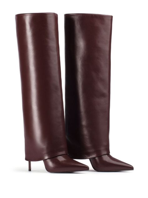 Find LE SILLA Andy 120mm Laye Leather Boots on Editorialist. dark red nappa leather smooth grain layered design knee-high pull-on style pointed toe 120mm stiletto heel Wine Leather Boots, Dark Red Boots, Planet Fashion, Leather High Heel Boots, Girly Shoes, Red Boots, Aesthetic Shoes, Layered Design, Fashion High Heels