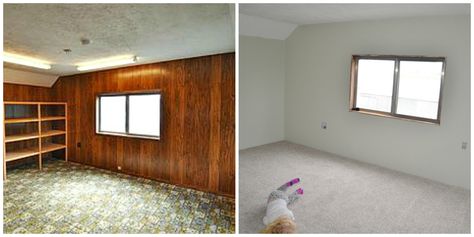 Removing Wall Paneling, How To Remove Wood Paneling, Removing Wood Paneling Walls, 1970s Wood Paneling, Fixer Upper Interior, Removing Wall, White Wood Paneling, Wall Paneling Diy, Wood Panel Walls