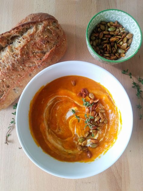 Kabocha Squash Bread, Roasted Kabocha Squash Soup, Squash Kabocha, Roasted Squash Soup Coconut Milk, Kabocha Squash Red Curry Food Network, Soup Fall, Kabocha Squash Soup, Roasted Kabocha Squash, Shelled Pumpkin Seeds