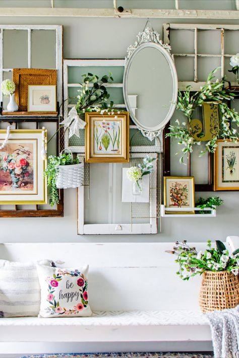 In our foyer, I utilized the two-story vertical space with old windows and doors with the vision of layering vintage prints over top of it. It was a HIT! Now I’m doing a spring refresh with a vintage mirror, greenery, and a few floral prints. Check out my foyer gallery wall! #vintagedecor #foyerinspo #windows #gallerywall #fleamarket Foyer Gallery Wall, Mirror Greenery, Chalk Paint Tutorial, Shallow Shelves, Haute House, Flea Market Decorating, Vintage Window, Antique Windows, Spring Refresh