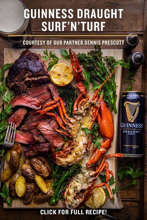 Your backyard barbecue is getting a makeover with our Guinness Draught Surf’N’Turf. Enjoy our grilled, halved lobster coated in Guinness butter, along with our Guinness marinated ribeye. Served with chimichurri, grilled broccolini and potatoes, this food pairing goes perfectly with a rich and creamy Guinness Draught for the summer barbecue recipe you’ve been waiting for. Have some fun on the grill this summer with Guinness and click the link for more. Surf N Turf Recipes, Dennis Prescott, Butter Lobster, Boil Recipes, Pint Of Guinness, Guinness Draught, Plating Ideas, Delicious Seafood Recipes, Surf Turf