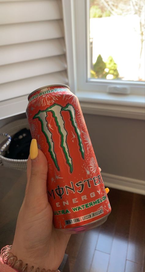 Watermelon Monster Drink, Watermelon Monster, Monster Drink, Candy Monster, Drinks Aesthetic, Monster Energy Drink, Iphone Organization, Energy Drink, Monster Can