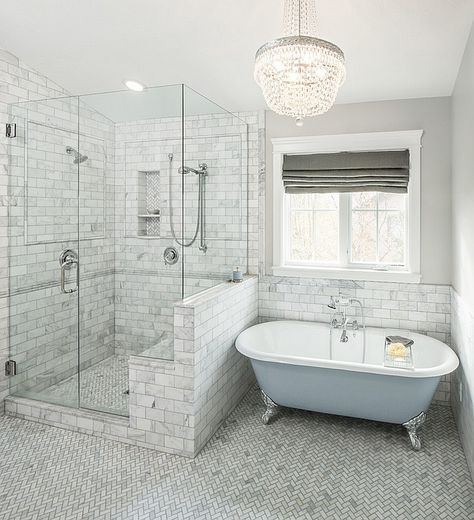 Bathroom in soft grey and blue with herringbone floors and a painted bathtub Clawfoot Tub Bathroom, Traditional Bathroom Designs, Farmhouse Shower, Bad Inspiration, Master Bath Remodel, Tub Shower, Farmhouse Bathroom Decor, Dream Bathrooms, Bathroom Renos