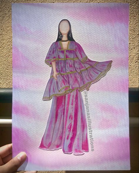 #sanjanasillustrations ✨ #supportartist #fashionportfolio #fashiondesigner #fashiondesignsketches #fashionillustrator #illustration #art #illustrationdesign #design #illustrationartists #watercolor #illustrationoftheday #croquis #fashion #fashionillustrations #fashionillustrationoftheday #fashionillustrationsketches #artistcommunity #feature #shararadesigns #sharara #tiedyefashion Sharara Sketch, Sharara Illustration, Dresses Painting, Lehenga Illustration, Bride Fashion Illustration, Ajrak Print, Designer Painting, Fashion Terminology, Frock Pattern