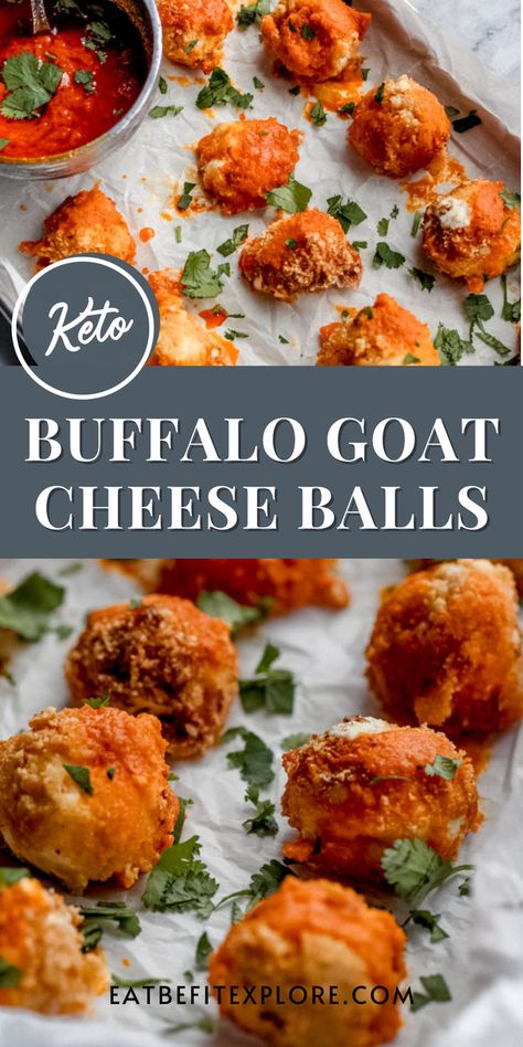 Graphic with 2 images of cheese balls and the title "Keto Buffalo Goat Cheese Balls" Goat Cheese Recipes Appetizers, Goat Cheese Balls, Cheese Recipes Appetizers, Creamy Goat Cheese, Goat Cheese Recipes, Healthy Appetizer Recipes, Keto Cheese, Low Carb Appetizers, Cheese Tasting