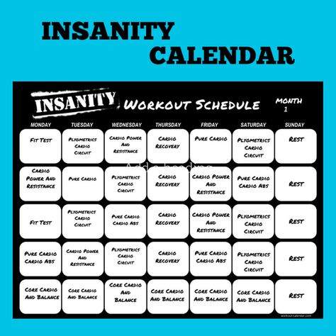 Insanity Workout CalendarI’m not just talking about how crazy your work schedule is or how much you juggle your kids’ school and social calendars-even though I know those all can cause insanity!I’m talking about the fabulous Shaun T’s In... Insanity Schedule, Insanity Calendar, Insanity Workout Schedule, Insanity Workout Calendar, Cardio Circuit, Cardio Abs, Shaun T, High Intensity Cardio, Insanity Workout