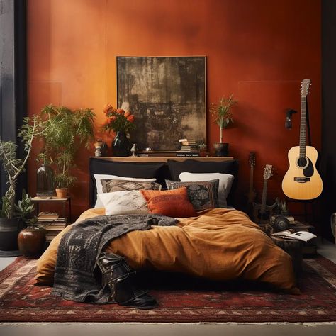 Earthy Dressing Room, Modern Orange Bedroom, Earthy R&b Aesthetic, Orange Paint Bedroom, Dark Cozy Bedroom Bohemian, Red Bedroom Decor Ideas, Black And Rust Bedroom, Green And Red Aesthetic, Moody Spaces