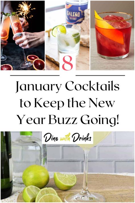 Collage of 4 january cocktails. January Cocktails Recipe, Fun Cocktail Recipes Winter, New Years Cocktail Recipes, Fun Winter Cocktails, January Cocktails, January Drinks, Winter Themed Cocktails, Winter Vodka Cocktails, Easy Winter Cocktails