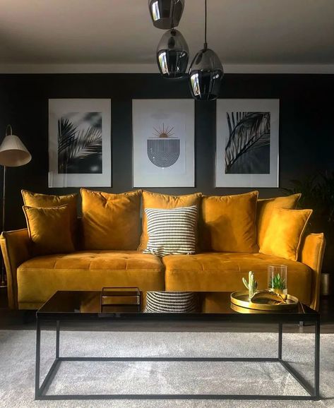 Mustard Sofas Living Room, Yellow Sofa Black Wall, Gold Sofa Living Room Color Schemes Sofas, Golden Couch Living Rooms, Mustard Sofa Living Room Ideas Modern, Gold Sofa Living Room Color Schemes, Mustard Couch Living Room, Mustard Yellow Couch Living Rooms, Gold Sofa Living Room