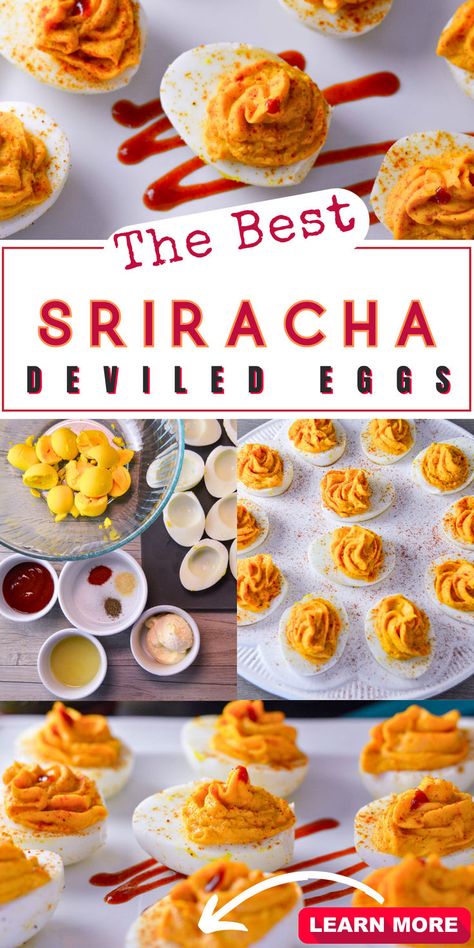 4 photos of the best sriracha deviled eggs; upper one is from top view of deviled eggs with a drizzle of sriracha on a white platter below eggs. Lower left is the ingredients, lower right is the eggs on a white egg platter and the lower photos shows a side view of the deviled eggs with a drop of sriracha on top of each egg halve. Non Traditional Deviled Eggs, Deviled Eggs Recipe Unique, Gourmet Deviled Eggs Appetizers, Gourmet Deviled Eggs Recipe, How To Transport Deviled Eggs, Different Deviled Eggs, Easy Unique Dinner Recipes, Unique Deviled Eggs, Mexican Deviled Eggs