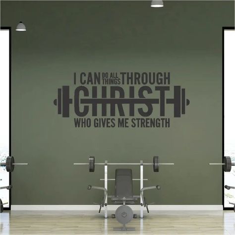 [SponsoredPost] Faith Fuels Your Fitness! Elevate Your Workout Space With Our Inspiring 'I Can Do All Things Through Christ Who Gives Me Strength' Barbell Decal. Featuring A Bold Barbell Graphic And Vibrant Easy To Read Lettering, This Decal Is A Powerful Reminder That With God By Your Side, You Can Achieve Anything. Perfect For: Church Gyms And Fitness Centers  Home Gyms And Workout Spaces  Christian Weightlifters And Exercise Enthusiasts Car Windows To #smallhomegymideasworkoutroomssimple Home Gym Wall Quotes, Home Gym Wall Decor Ideas, Small Weight Room Ideas, Aesthetic Home Gym Ideas, Gym Wall Colors, Small At Home Gym Ideas, Home Gym Wall Color, I Can Do All Things Through Christ, Small Basement Gym