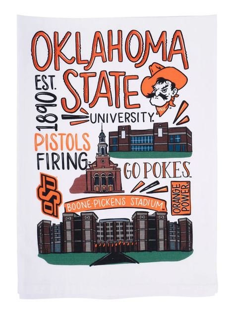 Celebrate your Cowboys pride in the heart of your kitchen with our Oklahoma State University Tea Towel – a stylish fusion of practicality and school spirit! Crafted with fans in mind and adorned with iconic symbols of Oklahoma State, this towel introduces a touch of collegiate spirit to your daily routine. This versatile towel is a must-have for all OSU Cowboys fans. Check out the Oklahoma State University Tea Towel for yourself to bring a blend of style and team spirit into your home or as a thoughtful gift for fellow OSU fans. Go Pokes! * Original Design * Dimensions: 19" x 25" * Machine wash cold. In gentle cycle. Do not bleach. Line dry or tumble dry no heat. Do not iron directly on design. Oklahoma State Football, Oklahoma Art, Osu Cowboys, Go Pokes, Iconic Symbols, University Shirt, Oklahoma State University, Painted Jacket, One Piece Clothing