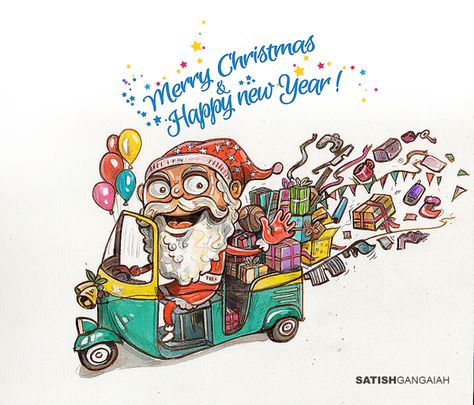 christmas greeting by SATISH GANGAIAH, via Behance Satish Gangaiah, Funny Christmas Ideas, Indian Christmas, Indian Illustration, Diwali Greetings, Figure Sketching, Art Painting Gallery, Christmas Poster, Christmas Cartoons