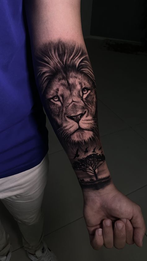 Lion Tattoo Half Sleeve For Men, Lion With Lightning Tattoo, Lion Tree Tattoo, Men’s Lion Tattoo, Lion Tattoo Designs For Men, Eagle And Lion Tattoo, Lion Forearm Tattoo For Men, Lion Zodiac Tattoo, Realistic Lion Tattoo Design