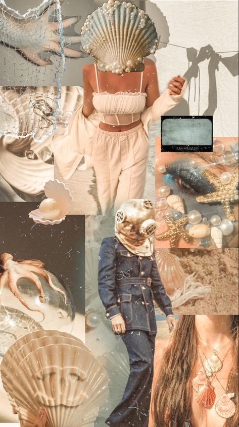 Pearl Mood Board Fashion, Shells Mood Board, Aesthetic Mermaid Party, Pisces Collage, Mermaid Moodboard, Sea Moodboard, Ocean Moodboard, Mermaid Collage, Ocean Collage