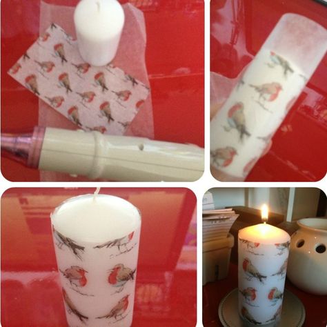 Diy Pillar Candles, Wrapping Pillar Candles For Christmas, Pillar Candles Christmas, Tissue Paper Candle Transfer, Diy Candle Pillars, Christmas Candle Molds, Pillar Candle Decor, Pillar Candle Molds, Homemade Scented Candles