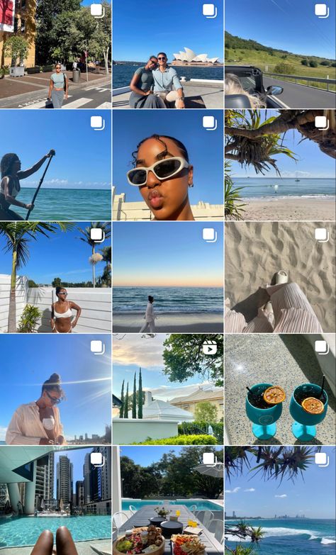 Summer Instagram Layout, Organized Instagram Feed, Beach Instagram Feed Ideas, Instagram Page Inspo Aesthetic, Summer Instagram Aesthetic, Tropical Summer Insta Feed, Instagram Feed Ideas Summer, Beach Aesthetic Instagram Feed, Summer Instagram Post Ideas