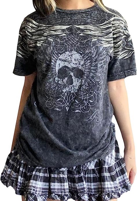 Grunge Shirts, Gothic Shorts, Punk Top, Skull Wings, Y2k Graphic Tees, 2000s Clothes, Grunge Shirt, Clothes Trendy, Aesthetic Shirt