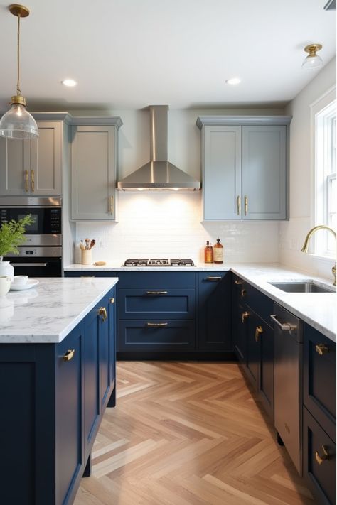 Open-concept kitchen with navy lower cabinets and grey upper cabinets Navy Blue Small Kitchen, Navy Blue Modern Kitchen, Kitchen Colors Schemes Blue, Navy And Grey Kitchen, Modern Navy Kitchen, Modern Kitchen Colors, Blue Kitchen Paint, Angled Bedroom, Navy Kitchen Cabinets