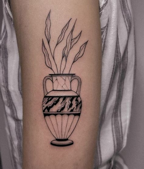 Greek Pot Tattoo, Small Vase Tattoo, Cracked Vase Tattoo, Vase Tattoo Simple, Vase With Flowers Tattoo, Traditional Vase Tattoos, Greek Vase Tattoo, Vase Tattoo Design, Plant Tattoo Ideas