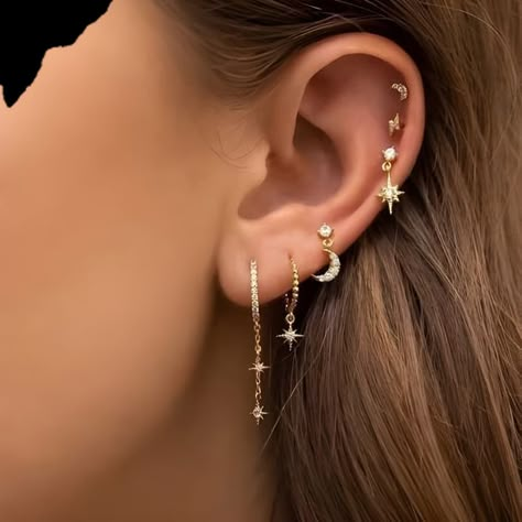 Celestial Ear Stack, Cute Earing Stacks, Eat Piercing Stack, 3 Stack Earrings, Celestial Ear Piercings, Stack Ear Piercings, Celestial Earring Stack, Cute Ear Stacks, Earring Set Up