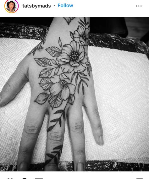 Hand Tattoos Like Henna, Floral Hand And Wrist Tattoo, Flower Tattoo On Hand For Women, Floral Hand Tattoo Design, Leaves And Butterfly Tattoo, Leafy Hand Tattoo, Black Flower Hand Tattoo, Wild Flower Hand Tattoo, Black And Gray Hand Tattoos