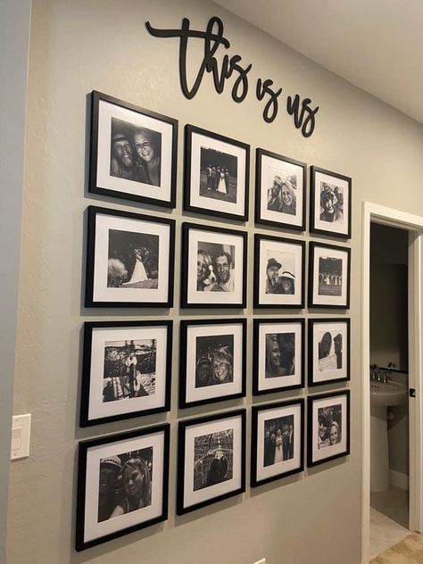 Feature Wall With Pictures, Pic Collage On Wall Living Room, 4 Square Pictures On Wall, Family Frames On Wall, Photo Wall Home Ideas, Wall Collage Family Photos, Photo Feature Wall, Wall Panelling With Photo Frames, Wedding Wall Pictures Home Decor