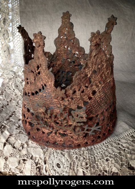 Crown #2A Featured SS 2 w:logo Epiphany Decorations, Fabric Upcycle, Altered Jars, Alter Art, Crown Decor, Lace Crowns, Beautiful Baubles, Lace Crafts, Vintage Crown