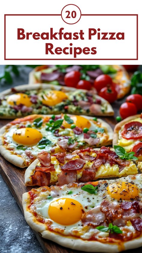 A variety of breakfast pizzas with toppings like eggs, cheese, bacon, vegetables, and fruits, perfect for starting your day with a delicious meal. Breakfast Pizza Over Easy Eggs, Mini Breakfast Pizza, Pizza Crust Breakfast Ideas, Tater Tot Breakfast Pizza, Lavash Bread Breakfast Pizza, How To Make Breakfast Pizza, Breakfast Pizza Ideas, Gluten Free Breakfast Pizza Recipe, Breakfast Pizza Bagels