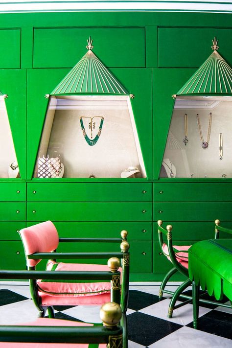 Gem Palace, Jewelry Store Design, Eclectic Interior Design, Boutique Interior Design, Green Furniture, Boutique Interior, Green Interiors, Eclectic Interior, Shop Interior