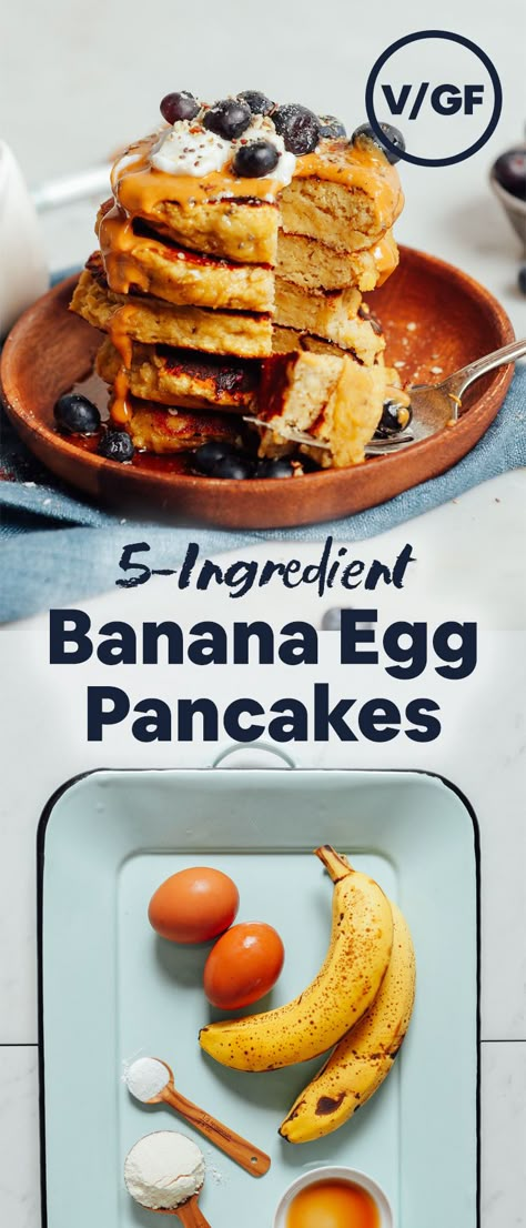 INCREDIBLE 5-Ingredient Banana Egg Pancakes! Fluffy, dairy-free, grain-free, no sugar added, SO satisfying! #banana #dairyfree #breakfast #glutenfree #minimalistbaker #recipe 5 Ingredient Banana Pancakes, Grain Free Banana Pancakes, Banana Egg Waffles, Banana Egg Pancakes 2 Ingredients, Egg Pancakes Recipe, Banana And Egg Pancakes, Banana Egg Pancakes, Egg Pancakes, Grain Free Pancakes