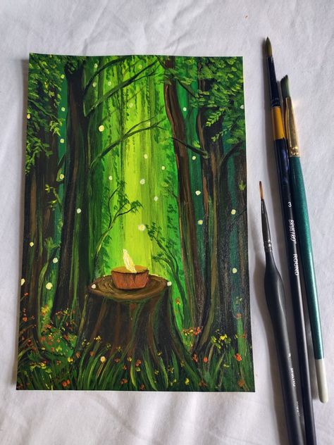 I was very afraid of starting this painting as I am not very much into acrylics but I love how it has turned out😄😄 Enchanted Painting Ideas, Enchanted Painting, Enchanted Forest Painting, Easy Scenery, Easy Scenery Drawing, Whimsical Tree, Forest Drawing, Scenery Drawing, Mystical Forest