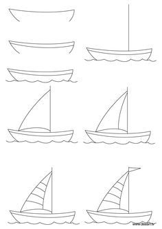 How to draw a sailboat, step-by-step. (Click to enlarge, then shrink-to-fit 85% to fit on one page.) (art, kids, drawing lesson) Boat Easy Drawing, Teach Kids To Draw, Sailboat Drawing, Boat Sketch, Boat Cartoon, Boat Drawing, Drawing Lessons For Kids, Sailboat Art, Drawing Lesson