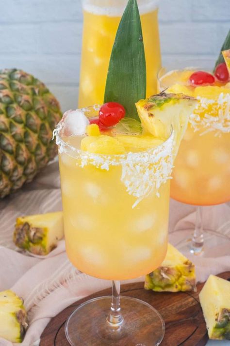 Pina Colada Sangria, Large Wine Glass, Sangria Recipe, Frozen Pineapple, Sangria Recipes, Coconut Rum, Maraschino Cherry, 5 Ingredient, Shredded Coconut