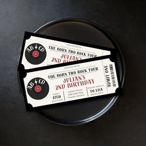 Celebrate your little one's second birthday in style with my "Born Two Rock" concert ticket invitation template. This adorable design features a red record and tattoo motif that adds a touch of edgy fun to your celebration. Punk Rock 1st Birthday, Born Two Rock Birthday Boy, Concert Themed Birthday Party, Born 2 Rock Birthday Party, Born To Rock Birthday Party, Record Birthday Party, Born Two Rock Birthday, Concert Ticket Invitation, Born Two Rock