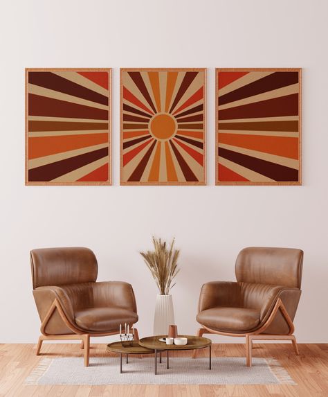 Retro Living Room 1970s, 70s Inspired Home, 70s Bedroom Aesthetic, Living Room 60s, 60s Wall Art, Wall Paint Inspiration, 1970s Interior Design, 70’s Decor, Retro Decor Style