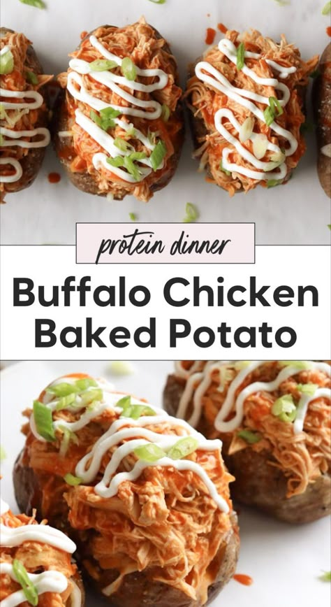 Try this buffalo chicken baked potato for a healthy and delicious meal. This recipe features shredded buffalo chicken stuffed in a baked potato, creating a tasty baked buffalo chicken potato. It's an easy dinner recipe that turns a simple potato into a chicken loaded baked potato. Enjoy these chicken stuffed potatoes for a satisfying meal! Buffalo Chicken Baked Potato, Chicken Loaded Baked Potato, Dinner Recipes 2023, Chicken Stuffed Potatoes, Chicken Baked Potato, Healthy High Protein Dinner, Buffalo Chicken Potato, Protein Recipes Dinner, High Protein Dinner Recipes