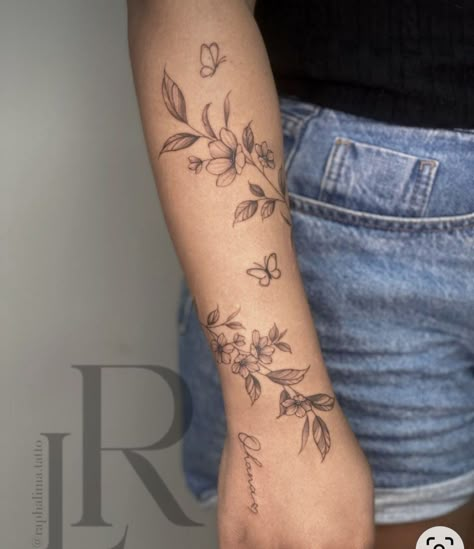 Flower Tattoos Vine, Half Sleeve Floral Tattoos For Women, Flower Wrist Wrap Tattoo, Arm Vine Tattoos For Women, Arm Tattoos To Cover Scars, Flower Tattoos Forearm, Tattoo Flowers Arm, Wrap Around Arm Tattoo For Women, Side Of Forearm Tattoo Women