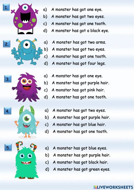 Halloween Exercises For Kids, Preschool Exercise, Verb To Have, Monster Activities, Body Parts Preschool, Study English Language, Parts Of The Body, English Activities, English As A Second Language (esl)