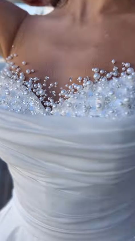 Bridal Shower Dress Pearls, Pearl Detailed Wedding Dress, Pearl Wedding Dress Ballgown, White Pearl Wedding Dress, Pearl Bodice Wedding Dress, Wedding Dress Pearl Detail, Wedding Dress Pearls Beading, Pearl Embellished Wedding Dress, Pearl Wedding Dress Beaded